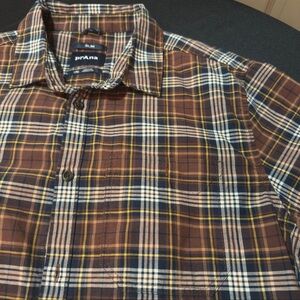 MENS PRANA INTREPID LARGE S/S BUTTON UP BROWN PLAID SHIRT ORGANIC COTTON EUC
